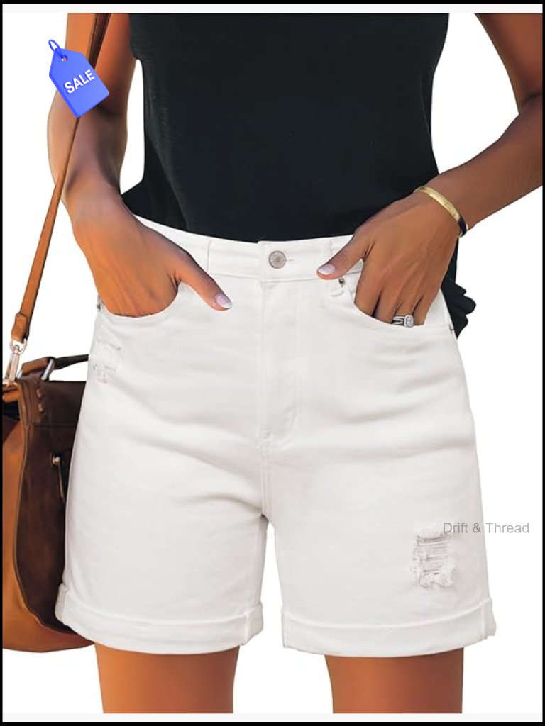 High Rise Distressed Denim Shorts With Rolled Hem Casual Wear